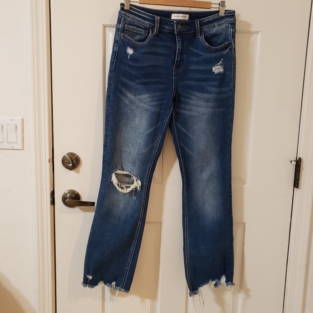 Flying Monkey Blue Straight Leg Jeans with Distressed Details